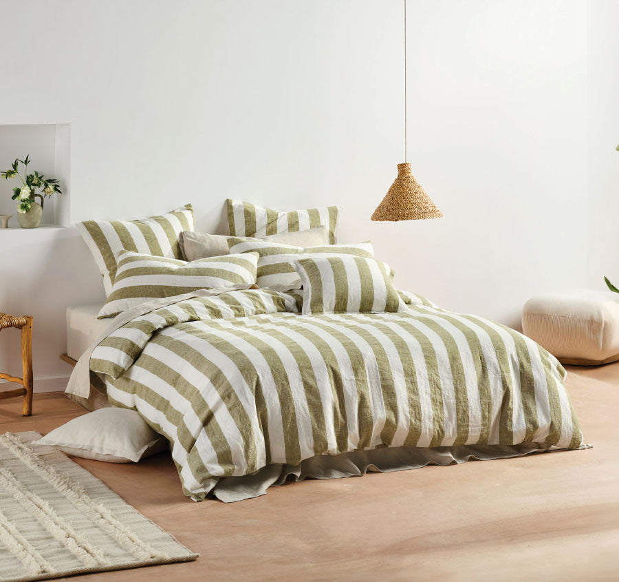 Vintage Stripe Quilt Cover Set Range Pesto